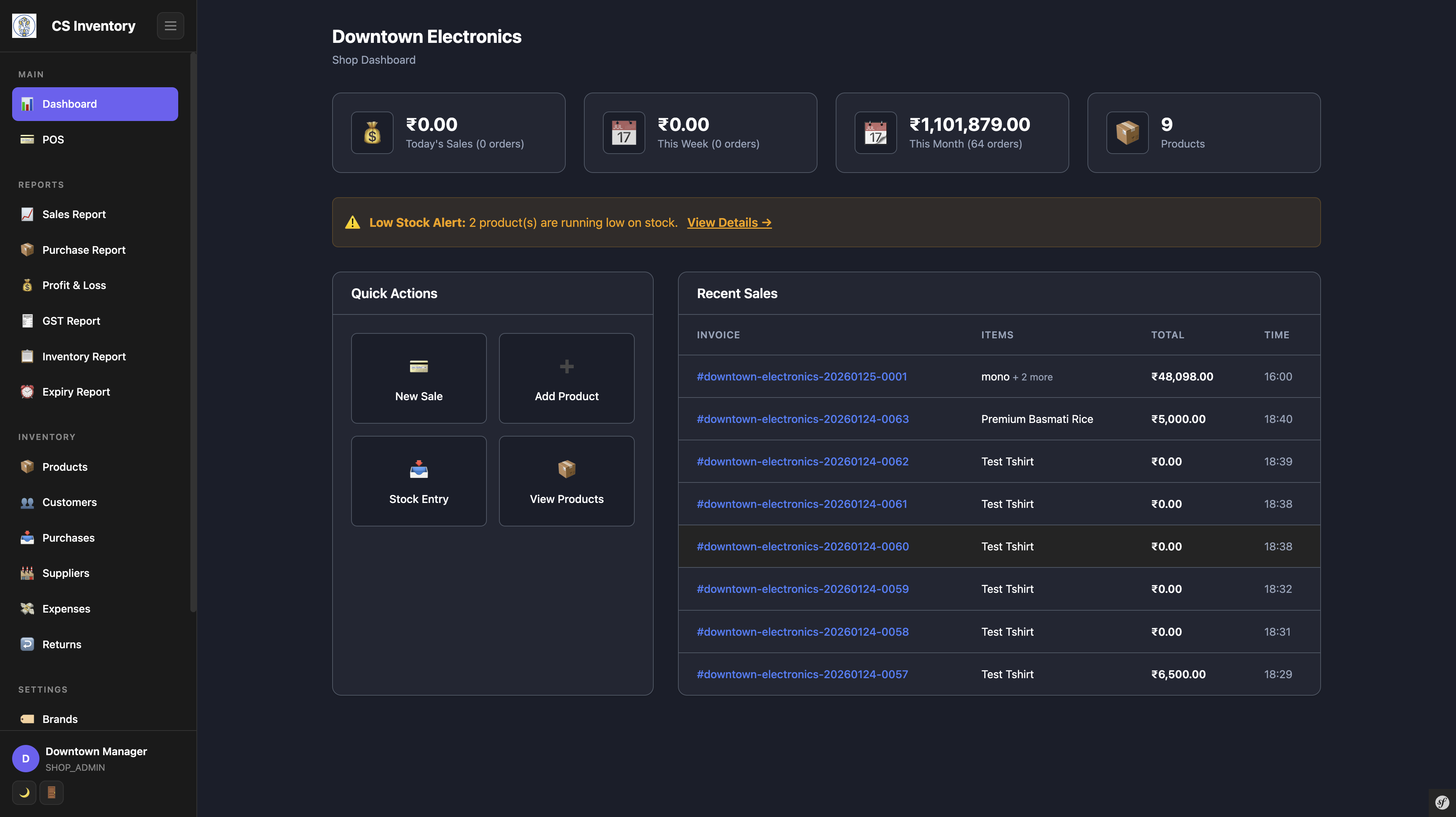 Cloud inventory management system dashboard showing daily sales, monthly revenue, low stock alerts, and quick POS actions