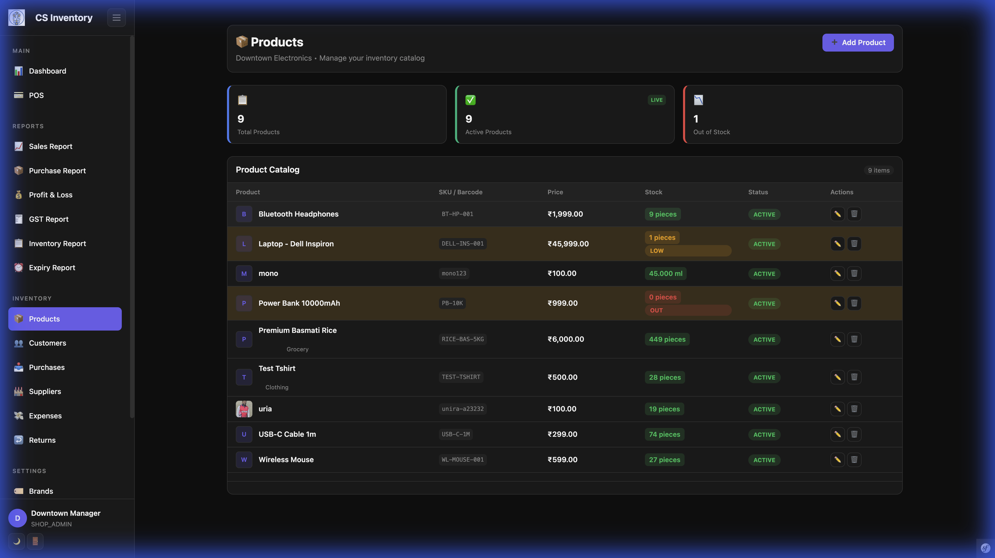 Stock management system product list with SKU, pricing, low stock and out-of-stock status badges