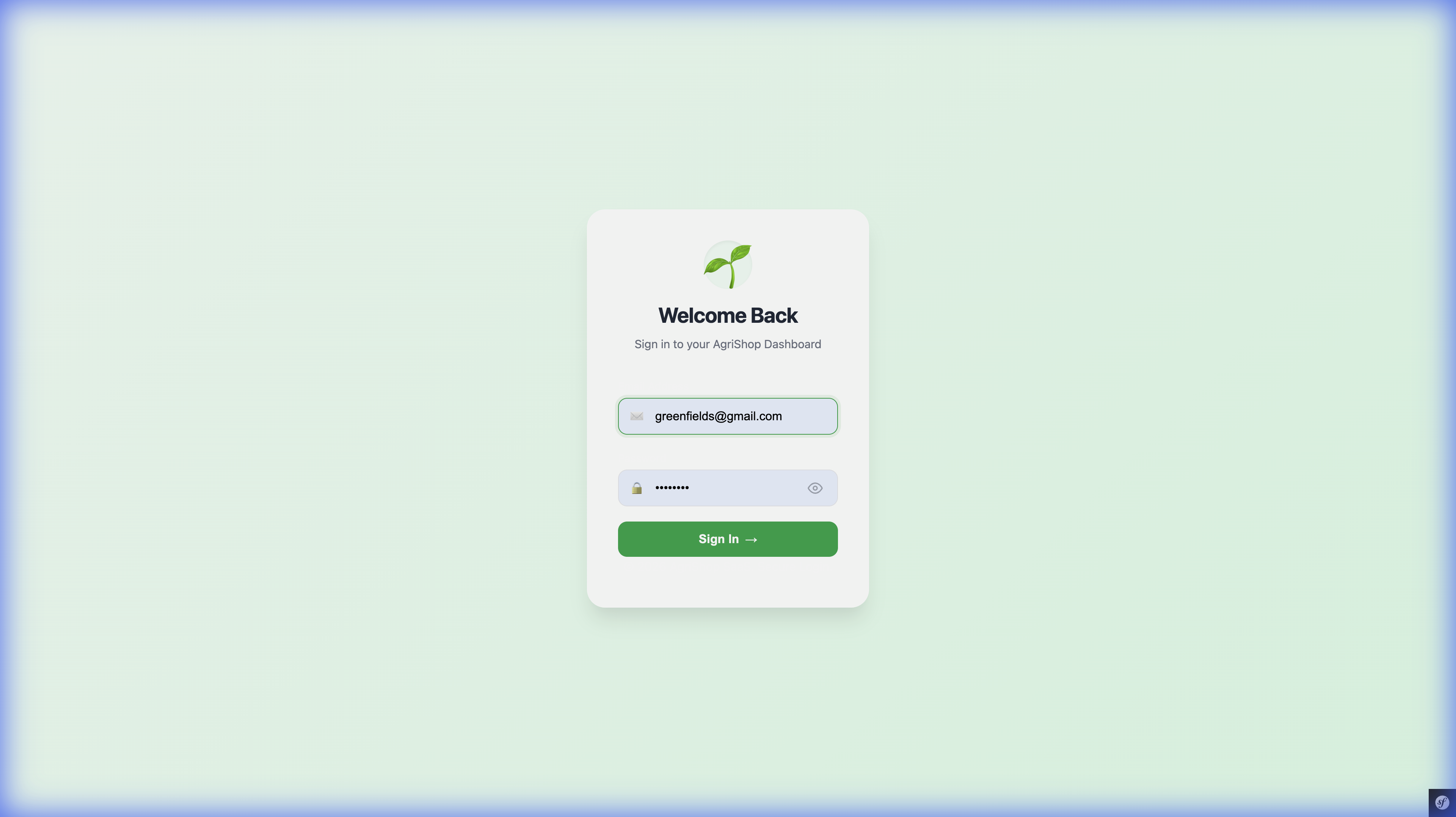 White-label inventory SaaS login screen for agriculture retail tenant AgriShop
