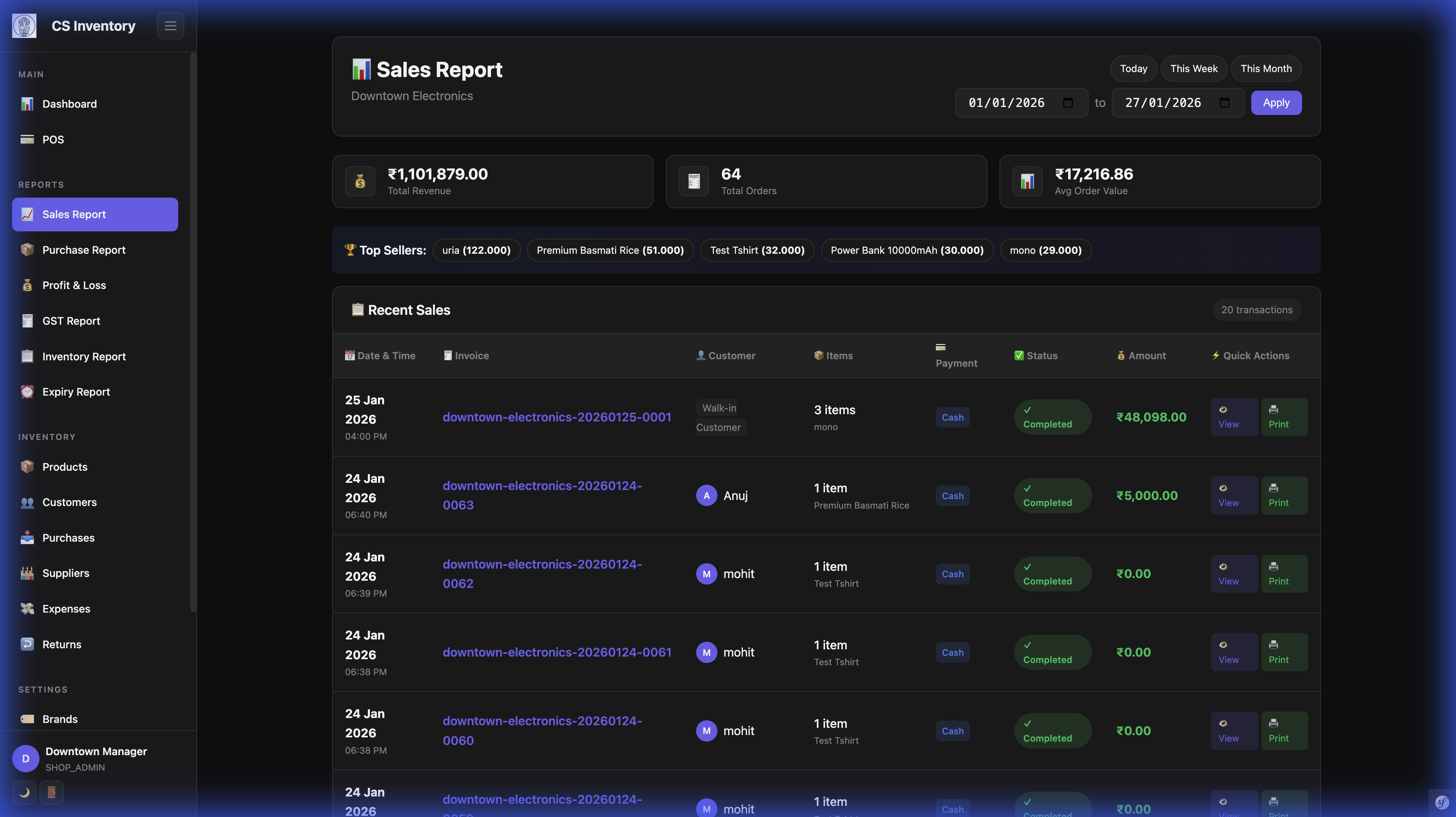 Sales report dashboard showing revenue, order count, average order value, and recent invoices